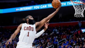 Cleveland Cavaliers guard James Harden goes to the basket against the Detroit Pistons during the second half in Game 5 of a second-round NBA playoffs series, Wednesday, May 13, 2026, in Detroit. (Duane Burleson/AP)