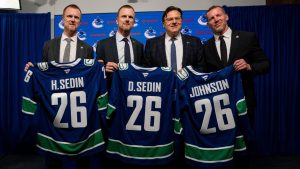 Vancouver Canucks co-president Henrik Sedin, from left to right, co-president Daniel Sedin, chairman and owner Francesco Aquilini and general manager Ryan Johnson pose for a photo during an announcement for the management change in Vancouver, on Thursday, May 14, 2026. THE CANADIAN PRESS/Ethan Cairns