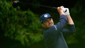 Bryson DeChambeau watches his tee shot on the fourth hole during the first round of the PGA Championship golf tournament practice round at Aronimink Golf Club, Thursday, May 14, 2026, in Newtown Square, PA. (AP Photo/Matt Slocum)