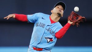 Toronto Blue Jays shortstop Andres Gimenez makes a catch against the Tampa Bay Rays during eighth inning MLB action in Toronto on Wednesday, May 13, 2026. (Nathan Denette/CP)