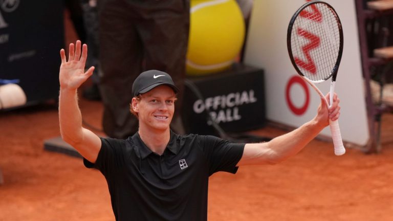 Italy's Jannik Sinner celebrates after winning against Daniil Medvedev of Russia during their semifinal match at the Italian Open tennis tournament in Rome, Saturday, May 16, 2026.(AP Photo/Andrew Medichini)