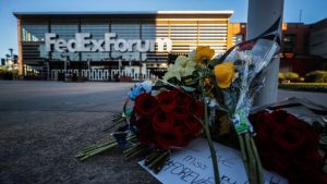 Flowers and words of support for Memphis Grizzlies forward Brandon Clarke, who died in Los Angeles at the age of 29, are seen at a small memorial outside the FedEx Forum in Memphis, Tenn., Tues., May 12, 2026. (Patrick Lantrip/AP)