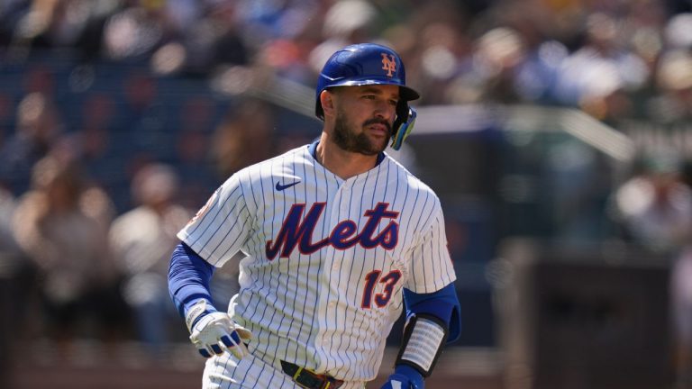 New York Mets' Luis Torrens during the sixth inning of a baseball game against the Oakland Athletics, Sunday, April 12, 2026, in New York. (AP Photo/Seth Wenig)