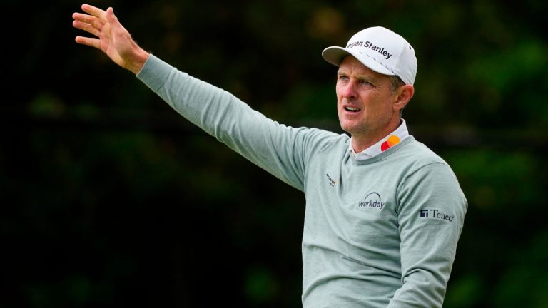 Justin Rose, of England, hits from the 13th tee during the second round of the PGA Championship  at Aronimink Golf Club, Friday, May 15, 2026, in Newtown Square, PA. (Carolyn Kaster/AP)