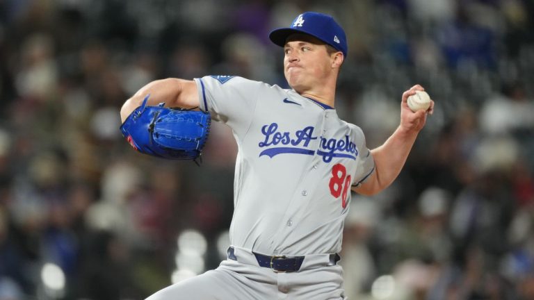 Los Angeles Dodgers relief pitcher Jack Dreyer works against the Colorado Rockies in the eighth inning of a baseball game Friday, April 17, 2026, in Denver. (David Zalubowski/AP)