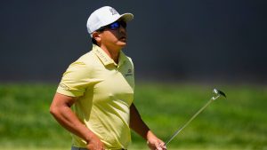 Kurt Kitayama walks across the first green after his shot during the third round of the PGA Championship at Aronimink Golf Club, Saturday, May 16, 2026, in Newtown Square, PA. (Matt Slocum/AP)