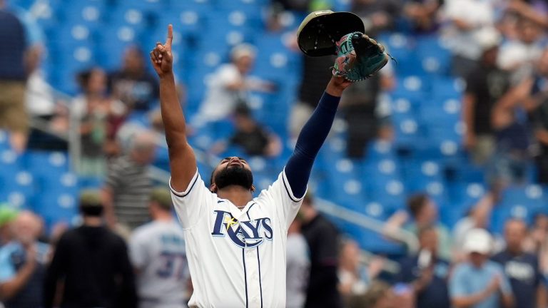 Tampa Bay Rays third baseman Junior Caminero reacts after the team defeated the Miami Marlins during a baseball game Sunday, May 17, 2026, in St. Petersburg, Fla. (Chris O'Meara/AP)