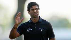 Aaron Rai, of England, waves on the 18th green after his round during the final round of the PGA Championship at Aronimink Golf Club, Sunday, May 17, 2026, in Newtown Square, PA. (Matt Slocum/AP)