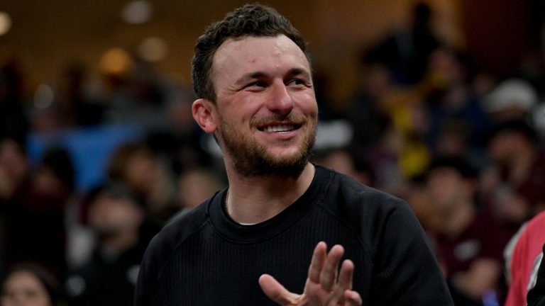 Johnny Manziel attends a first-round college basketball game between Texas A&M and Nebraska in the NCAA Tournament, Friday, March 22, 2024, in Memphis, Tenn. (Brandon Dill/AP)
