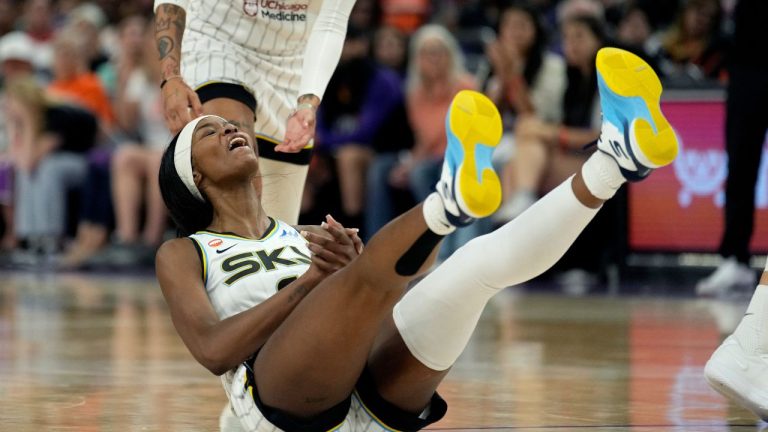 Chicago Sky forward Rickea Jackson reacts to being fouled during the second half of a WNBA game against the Phoenix Mercury, Friday, May 15, 2026, in Phoenix. (Ross D. Franklin/AP)