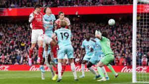 Arsenal's Kai Havertz, left, scores their side's first goal during the English Premier League match between Arsenal and Burnley in London, Monday May 18, 2026. (John Walton/AP)