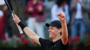Jannik Sinner, of Italy, celebrates after defeating Casper Ruud, of Norway, 6/4, 6/4 in the final match at the Italian Open tennis tournament, in Rome, Sunday, May 17, 2026. (Andrew Medichini/AP)
