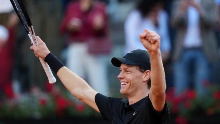 Jannik Sinner, of Italy, celebrates after defeating Casper Ruud, of Norway, 6/4, 6/4 in the final match at the Italian Open tennis tournament, in Rome, Sunday, May 17, 2026. (Andrew Medichini/AP)