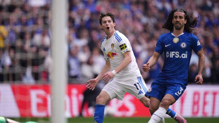 Leeds' Brenden Aaronson, centre, reacts after failing to score during the FA Cup semifinal soccer match between Chelsea and Leeds in London, England, Sunday, April 26, 2026. (Alastair Grant/AP)