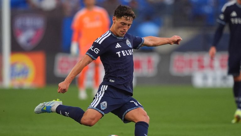 Vancouver Whitecaps FC midfielder Sebastian Berhalter kicks the ball during the first half of an MLS soccer match against FC Dallas in Frisco, Texas, Wednesday, May 13, 2026. (LM Otero/AP)