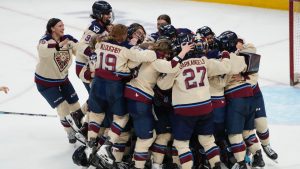 Montreal Victoire players celebrate after defeating the Ottawa Charge to win the PWHL Walter Cup hockey final in Ottawa, Wednesday May 20, 2026. (Adrian Wyld/CP)