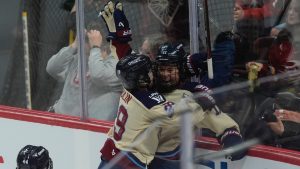 Montreal Victoire forward Abby Roque (right) celebrates her goal with forward Marie-Philip Poulin (29) during second period PWHL Walter Cup final hockey action against the Ottawa Charge in Ottawa, Wednesday, May 20, 2026. (Adrian Wyld/CP)