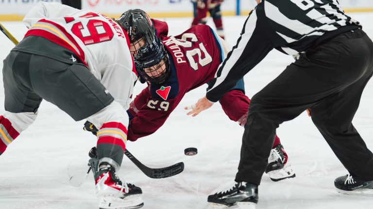 Victoire captain Marie-Philip Poulin faces off against Charge captain Brianne Jenner during a regular-season game in Jan. 2026. (Photo courtesy of the PWHL)