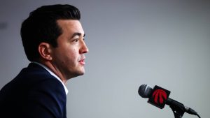 Toronto Raptors general manager Bobby Webster speaks to media during an end-of-season press conference Wednesday, May 6, 2026. (Cole Burston/CP)