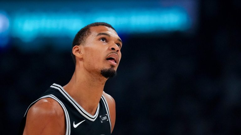 San Antonio Spurs forward Victor Wembanyama (1) moves on the court in the first half of Game 5 in the Western Conference finals NBA basketball playoffs series against the Oklahoma City Thunder, Tuesday, May 26, 2026, in Oklahoma City. (AP Photo/Julio Cortez)