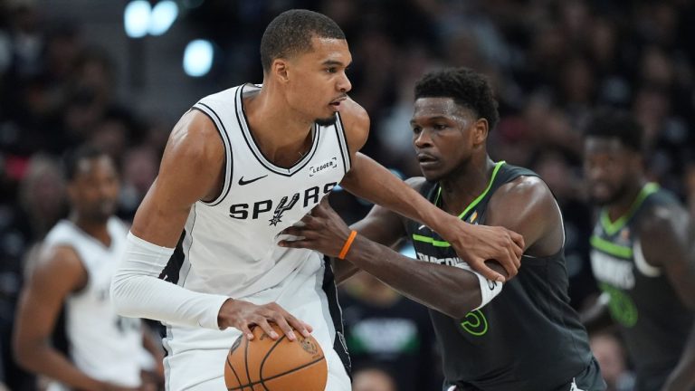 San Antonio Spurs forward Victor Wembanyama drives against Minnesota Timberwolves guard Anthony Edwards during the first half in Game 2 of a second-round NBA playoffs series in San Antonio, Wednesday, May 6, 2026. (AP/Eric Gay)
