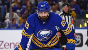 Buffalo Sabres right wing Alex Tuch (89) lines up for a faceoff during the second period in Game 2 of a first-round NHL hockey Stanley Cup playoff series against the Boston Bruins Tuesday, April 21, 2026, in Buffalo, N.Y. (Jeffrey T. Barnes/AP)