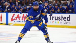 Buffalo Sabres right wing Alex Tuch (89) skates during the first period of an NHL hockey game against the Toronto Maple Leafs Saturday, March 14, 2026, in Buffalo, N.Y. (Jeffrey T. Barnes/AP)