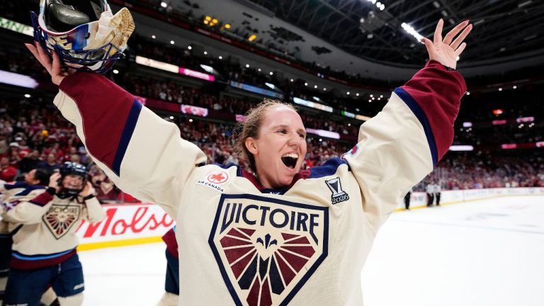 Montreal Victoire goaltender Ann-Renee Desbiens (35) celebrates after defeating the Ottawa Charge in game 4 of the PWHL Walter Cup hockey final in Ottawa, on Wednesday, May 20, 2026. (Justin Tang/CP)