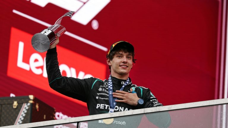 Mercedes driver Kimi Antonelli of Italy reacts after winning the Canadian Formula One Grand Prix at the Circuit Gilles Villeneuve in Montreal, Sunday, May 24, 2026. (Adam Hunger/AP)
