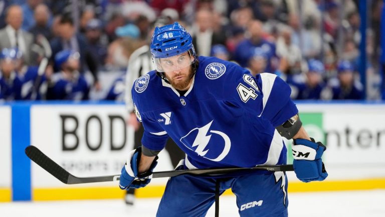 Tampa Bay Lightning right wing Scott Sabourin (46) against the Montréal Canadiens during the second period in Game 2 of an NHL hockey Stanley Cup first-round playoff series, Tuesday, April 21, 2026, in Tampa, Fla. (Chris O'Meara/AP)