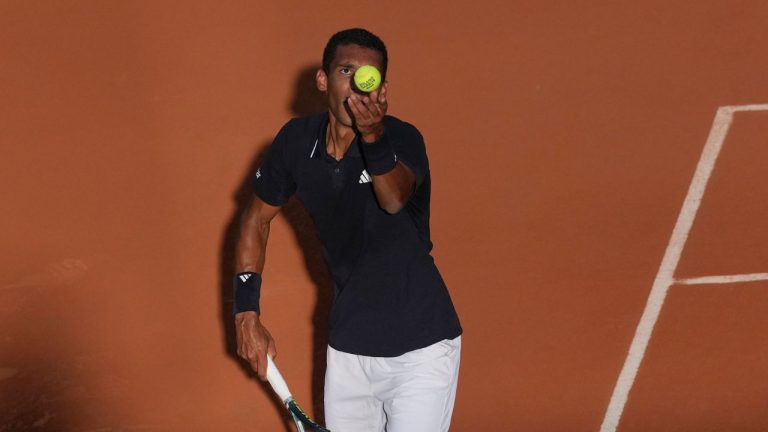 Felix Auger-Aliassime of Canada serves to Daniel Altmaier of Germany during their first-round men's singles tennis match at the French Open tennis tournament in Paris, Tuesday, May 26, 2026. (Thibault Camus/AP Photo)