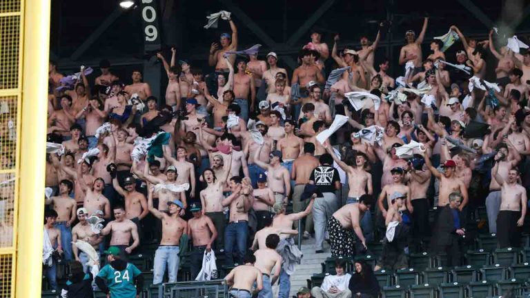 Fans go "tarps off"in the sixth inning of a baseball game between the Seattle Mariners and Chicago White Sox, Tuesday, May 19, 2026, in Seattle. (Kevin Ng/AP)