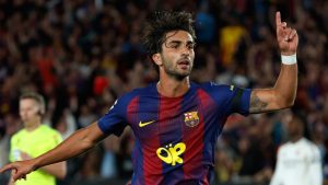 Barcelona's Ferran Torres celebrates his side's second goal during the Spanish La Liga soccer match between FC Barcelona and Real Madrid in Barcelona, Spain, Sunday, May 10, 2026. (Joan Monfort/AP Photo)
