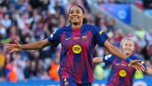 Barcelona's Salma Paralluelo celebrates after scoring her side's fourth goal during the Women's Champions League final soccer match between FC Barcelona and OL Lyonnes, in Oslo, Saturday, May 23, 2026. (Kirsty Wigglesworth/AP)