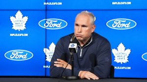 Toronto Maple Leafs head coach Craig Berube speaks to the media during the end of the season locker clean out day in Toronto on Tuesday, May 20, 2025. (Nathan Denette/CP)