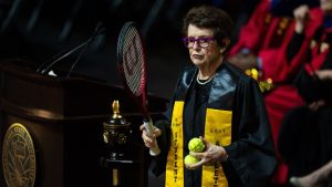 Tennis legend Billie Jean King, prepares to toss tennis balls to graduates after delivering remarks during a California State University, Los Angeles, commencement ceremony in Los Angeles, Monday, May 18, 2026. (Jae C. Hong/AP)