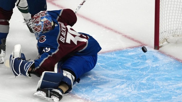 Colorado Avalanche goaltender Mackenzie Blackwood allows a goal by Minnesota Wild left wing Marcus Johansson in the first period of Game 5 of an NHL Stanley Cup hockey second-round playoff series, Wednesday, May 13, 2026, in Denver. (David Zalubowski/AP Photo)