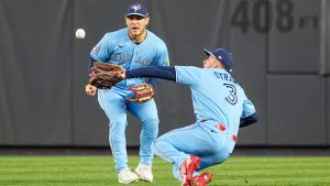 Toronto Blue Jays outfielders Myles Straw (3), catches a fly ball by New York Yankees J.C. Escarra during the third inning of a baseball game, Thursday, May 21, 2026. in New York. (Eduardo Munoz Alvarez/AP)