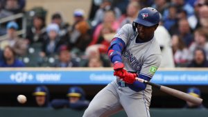 Toronto Blue Jays' Jesus Sanchez hits a ground ball to Minnesota Twins shortstop Brooks Lee during the first inning of a baseball game Friday, May 1, 2026, in Minneapolis. (Stacy Bengs/AP)