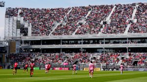 Fans watch from temporary stands at BMO Field, which were built to accommodate more fans for the 2026 World Cup, during first half MLS soccer between Toronto FC and Inter Miami CF, in Toronto on Saturday, May 9, 2026. (Frank Gunn/CP)