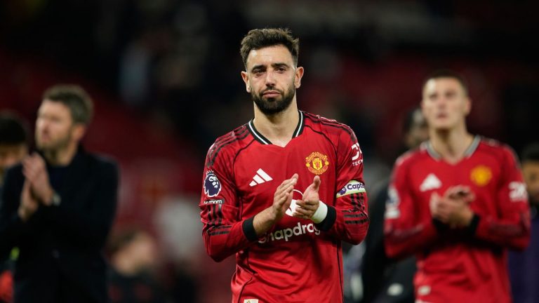 Manchester United's Bruno Fernandes walks off the pitch after the Premiier League soccer match between Manchester United and Leeds in Manchester, England, Monday, April 13, 2026. (Dave Thompson/AP)