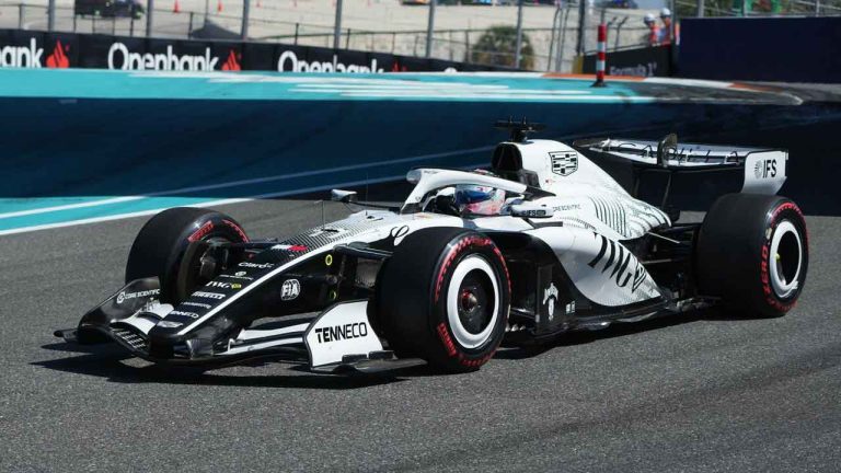 Cadillac driver Sergio Perez of Mexico steers his car during a qualifying session for the Miami Formula One Grand Prix auto race. (Lynne Sladky/AP)