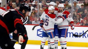 Montréal Canadiens celebrate their third goal during the first period in Game 1 of the Eastern Conference finals NHL hockey Stanley Cup playoffs series against the Carolina Hurricanes in Raleigh, N.C., Thursday, May 21, 2026. (Karl DeBlaker/AP)