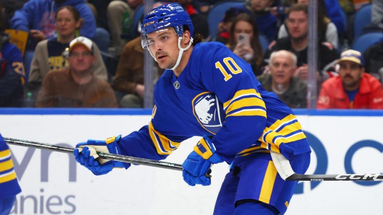 Buffalo Sabres centre Sam Carrick (10) skates during the first period of an NHL hockey game against the Nashville Predators Saturday, March 7, 2026, in Buffalo, N.Y. (Jeffrey T. Barnes/AP)