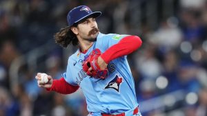 Toronto Blue Jays pitcher Dylan Cease (84) works against the Tampa Bay Rays during first inning MLB baseball action in Toronto on Wednesday, May 13, 2026. (Nathan Denette/THE Canadian Press)
