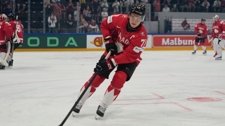 Canada's Macklin Celebrini warms up before the 2026 IIHF Men's Ice Hockey World Championship quarterfinal match between Canada and United States, in Fribourg, Switzerland, Thursday, May 28, 2026. (Darko Bandic/AP)