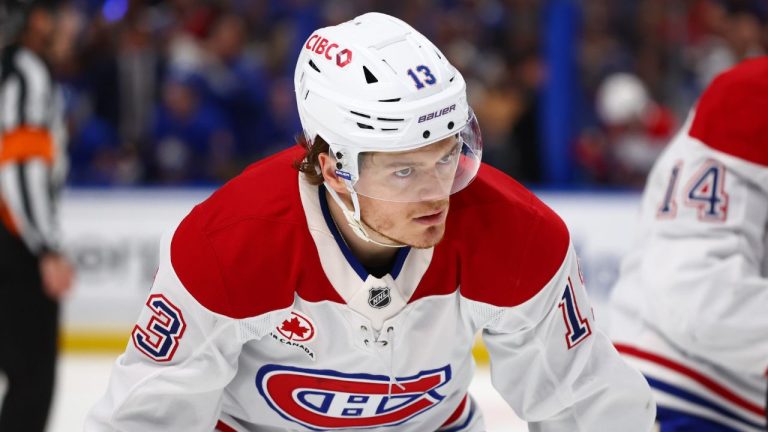 Montreal Canadiens right wing Cole Caufield (13) lines up for a faceoff the second period in Game 5 of a second-round NHL hockey Stanley Cup playoff series against the Buffalo Sabres Thursday, May 14, 2026, in Buffalo, N.Y. (Jeffrey T. Barnes/AP)