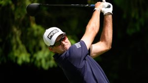 Corey Conners, of Canada, watches his tee shot on the fourth hole during the first round of the PGA Championship golf tournament practice round at Aronimink Golf Club, Thursday, May 14, 2026, in Newtown Square, PA. (Matt Slocum/AP)