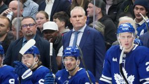 Toronto Maple Leafs coach Craig Berube looks on from the bench during third period NHL hockey action against the Chicago Blackhawks, in Toronto, Tuesday, Dec. 16, 2025. (Nathan Denette/CP)