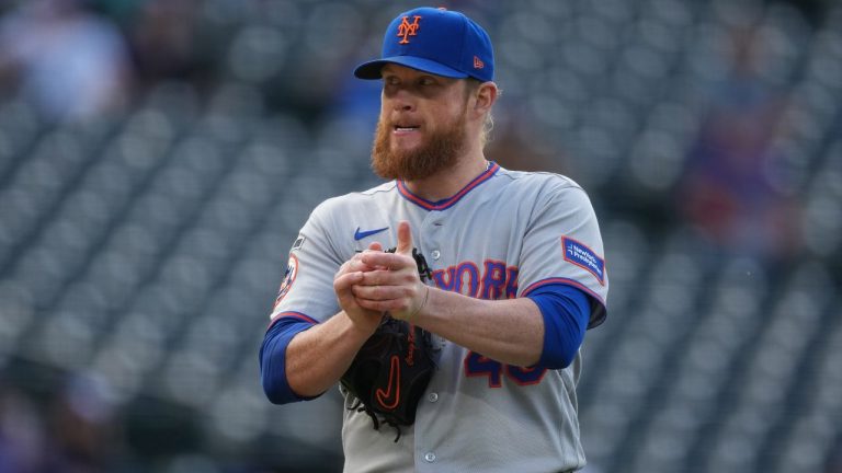 New York Mets relief pitcher Craig Kimbrel (46) in the eighth inning of a baseball game Thursday, May 7, 2026, in Denver. (David Zalubowski/AP)